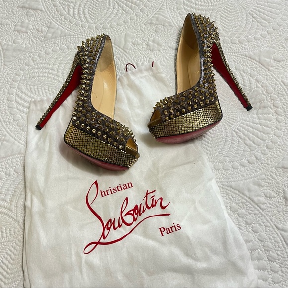CHRISTIAN LOUBOUTIN Lady Peep Spike 150mm Gold Metallic Strass Rare Size 39 - Picture 2 of 11
